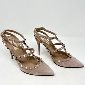 NEW Valentino Garavani Blush Suede Leather Cage Rockstud Heel Pointed Toe 40 EU